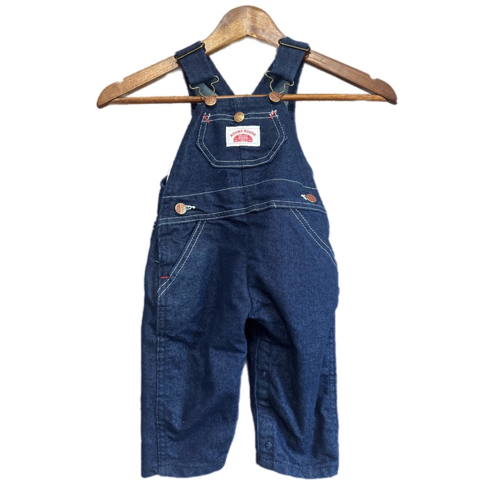 Round House Denim Overalls Kids 18 MO Blue Excellent Made in USA Bib Snap Inseam